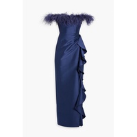 Off-the-shoulder feather-trimmed ruffled faille gown