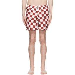 Red   Off White Polyester Check Swim Shorts 221059M208032