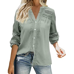 BESFLY Womens Button-Down Blouses Long Sleeve Chiffon T-Shirts for Women Loose Casual Shirts V Neck Top