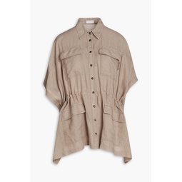 Bead-embellished gathered linen and cotton-blend shirt
