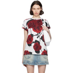 White   Red Rose Print T Shirt 241251F110029