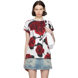 White & Red Rose Print T-Shirt 241251F110029