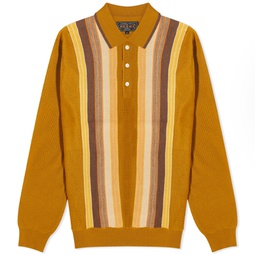 Beams Plus Stripe Knit Long Sleeve Polo Mustard