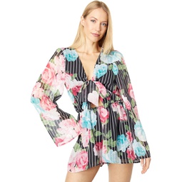 Womens Bebe Tie Front Floral Flutter Sleeve Romper