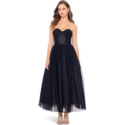 Betsy & Adam Mid Length Mesh Skirt Lace Top Gown