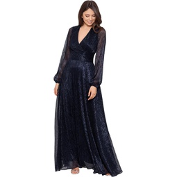 Womens Betsy & Adam Long Sleeve V-Neck Metallic Gown