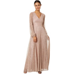 Betsy & Adam Long Sleeve V-Neck Metallic Crinkle Knit Gown