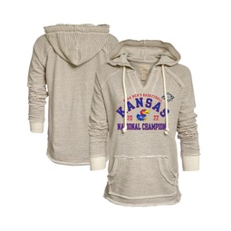 Womens Cream and Gray Kansas Jayhawks 2022 NCAA Mens Basketball National Champions French Terry V-Neck Pullover Hoodie