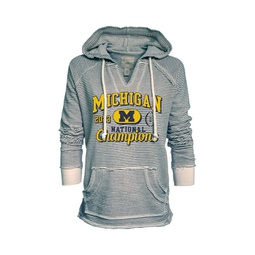 Womens Navy Michigan Wolverines College Football Playoff 2023 National Champions Striped French Terry V-Neck Pullover Hoodie