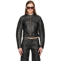 Black Distressed Leather Jacket 231901F064000