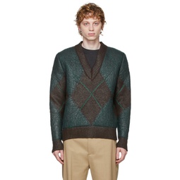 Brown & Green Argyle V-Neck Sweater 212798M204001