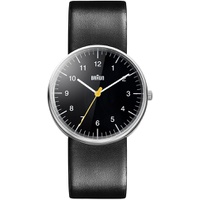 Braun Mens 3-Hand Analogue Quartz Watch, Black Dial and Black Leather Strap, 38mm Stainless Steel Case, Model BN0021BKBKG.