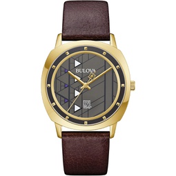 Bulova mens Frank Lloyd Wright Hollyhock House Gold Tone Stainless Steel 3-Hand Quartz, Brown Leather Strap Style: 97A173