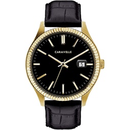Bulova Mens Dress Quartz Gold Tone Stainless Steel Watch with Black Leather Strap, Coin Edge Bezel Style: 44B118
