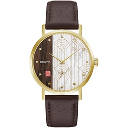 Bulova Frank Lloyd Wright April Showers Gold Tone Stainless Steel 3-Hand Quartz, Brown Leather Strap Style: 97A141