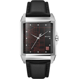 Bulova Frank Lloyd Wright December Gifts Stainless Steel 3-Hand Quartz Dial, Black Leather Strap Style: 96A223