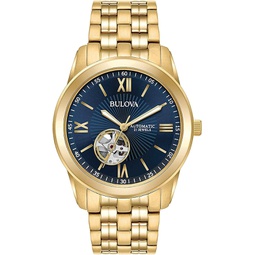 Bulova Mens Classic 3 Hand Automatic Gold Stainless Steel Watch, Blue Dial (Model:97A131)