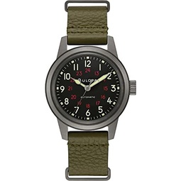 Bulova Mens Military Heritage Hack Stainless Steel 3-Hand Automatic Watch, NATO Leather Strap, Luminous Hands and Markers