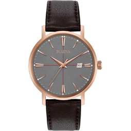 Bulova Classic Quartz Mens Watch, Stainless Steel with Brown Leather Strap, Rose Gold-Tone (Model: 97B154)