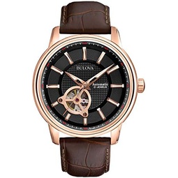 Bulova Mens Classic 3-Hand Automatic Leather Strap Watch, 21-Jewels, Hack Feature, Luminous Hands and Markers,Open Aperture and Exhibition Case Back