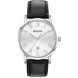 Bulova Mens Classic 3-Hand Calendar Date Quartz Leather Strap Watch, Roman Numeral Markers, 40mm