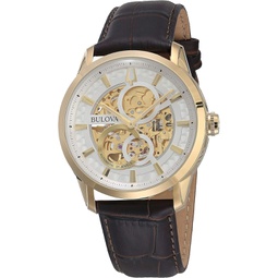 Bulova Mens Classic Sutton Automatic Skeleton Dial Brown Leather Strap Watch 43mm 97A138