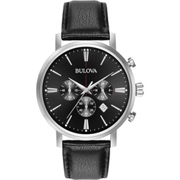 Bulova Mens Classic Aerojet Stainless Steel 6-Hand Chronograph Watch with Black Leather Strap, 41mm Style: 96B262