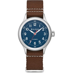 Bulova Mens Military A11 Stainless Steel 3-Hand Hack Automatic Watch, Brown Leather Strap and Blue Dial Style: 96A282