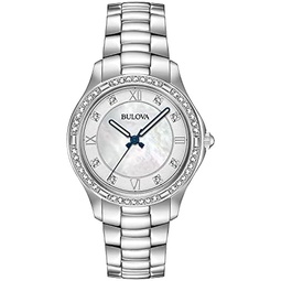 Bulova Ladies Crystal Stainless Steel 3-Hand Quartz Watch, White Mother-of-Pearl Dial