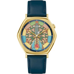 Bulova Mens Frank Lloyd Wright Limited Edition Imperial Hotel Gold Stainless Steel 3 Hand Watch, Blue Leather Strap, and Mosaic Multi-Colored Dial (Model:97A177)