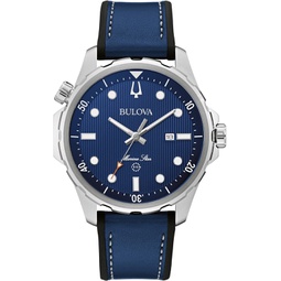Bulova Mens Marine Star Series B Silver Stainless Steel Quartz Watch, Blue Leather and Black Silicone Strap, 43mm Style: 96B419
