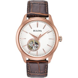 Bulova Mens Classic Automatic Watch with Leather Strap, Open Aperture Dial, Hack Feature, 41mm