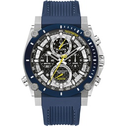 Bulova Mens Icon High Precision Quartz 8-Hand Chronograph Silver Stainless Steel Case with Blue Silicone Strap Watch, Black Dial (Model:98B413)
