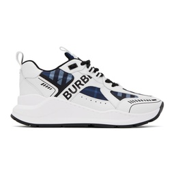 White & Navy Check Sneakers 232376M237015