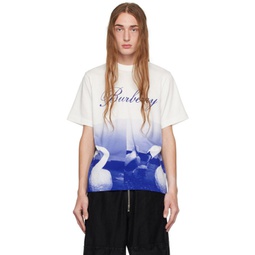 White & Blue Swan Print T-Shirt 232376M213038