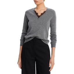 V-Neck Lace Trim Cashmere Sweater - 100% Exclusive