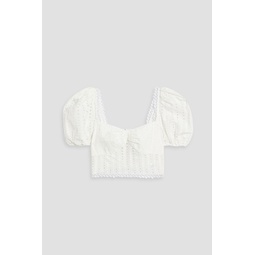 Menorca cropped shirred broderie anglaise cotton-blend top