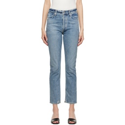 Blue High Rise Straight Jeans 222030F069006