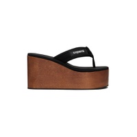 Black Wooden Branded Wedge Sandals 241325F124005
