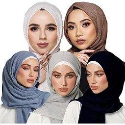 5PCS Set Muslim Head Scarf for Women Solid Color Long Hijab Cotton Wrap Scarves