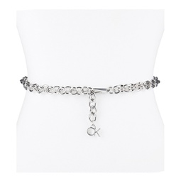 Womens Silver-Tone Chain Belt with Hanging Logo Charm