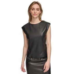 Womens Faux-Leather Cap Sleeve Top