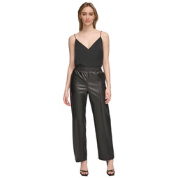 Womens Logo-Waist Faux Leather Pull-On Pants