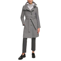 Womens Wool Blend Belted Buttoned Coat