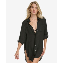 Womens Beach Button-Up Shirt Cover-Up