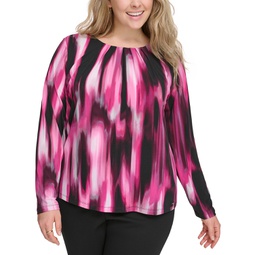 Plus Size Printed Long-Sleeve Pleated Blouse