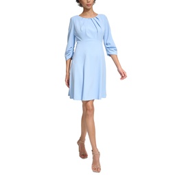 Womens 3/4-Sleeve Ruched A-Line Dress