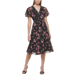 Womens Floral Flutter-Sleeve Midi Dress