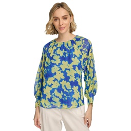 Womens Floral-Print Gathered Cold-Shoulder Blouse