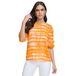 Womens Printed Ruched-Sleeve Textured Top